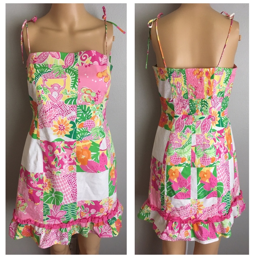 VTG Lilly Pulitzer Monkeys Floral Tie Dress 4 6 - Picture 1 of 3